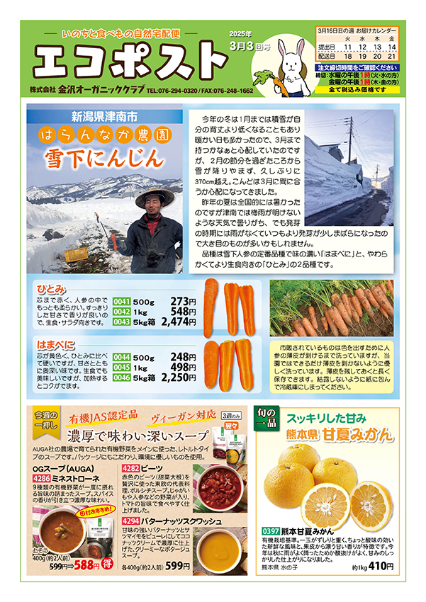はらんなか農園の雪下にんじん　水の子の甘夏みかん　オーガニックスープ